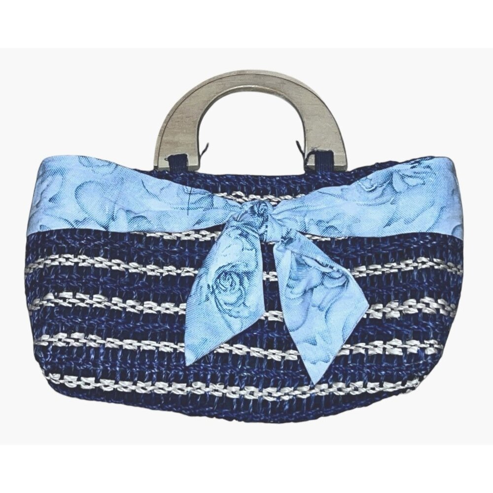 Handmade Wicker Woven Handbag with Bow and Wooden Handle 12" x 7"